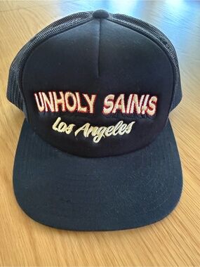 Unholy Saints Los Angeles Embroidered Vintage Black Trucker Hat